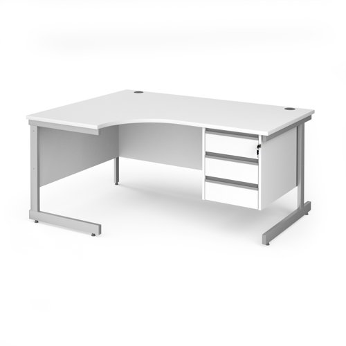 Contract 25 left hand ergonomic desk with 3 drawer pedestal and silver cantilever leg 1600mm - white top