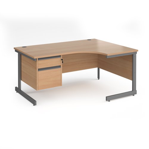 CC16ER2-G-B Contract 25 right hand ergonomic desk with 2 drawer pedestal and graphite cantilever leg 1600mm - beech top