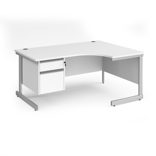 Contract 25 right hand ergonomic desk with 2 drawer pedestal and silver cantilever leg 1600mm - white top