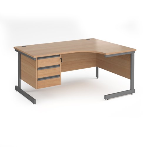 Contract 25 right hand ergonomic desk with 3 drawer pedestal and graphite cantilever leg 1600mm - beech top