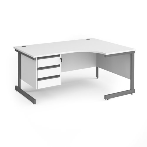CC16ER3-G-WH Contract 25 right hand ergonomic desk with 3 drawer pedestal and graphite cantilever leg 1600mm - white top