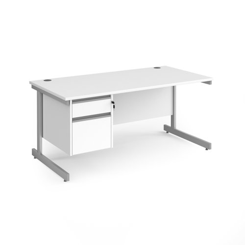 CC16S2-S-WH Contract 25 straight desk with 2 drawer pedestal and silver cantilever leg 1600mm x 800mm - white top