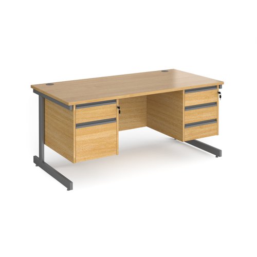 Contract 25 straight desk with 2 and 3 drawer pedestals and graphite cantilever leg 1600mm x 800mm - oak top