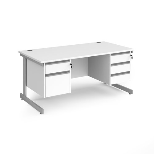 Contract 25 straight desk with 2 and 3 drawer pedestals and silver cantilever leg 1600mm x 800mm - white top CC16S23-S-WH Buy online at Office 5Star or contact us Tel 01594 810081 for assistance