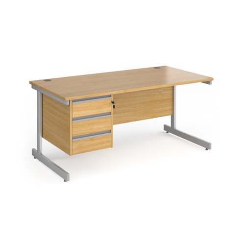 Contract 25 straight desk with 3 drawer pedestal and silver cantilever leg 1600mm x 800mm - oak top