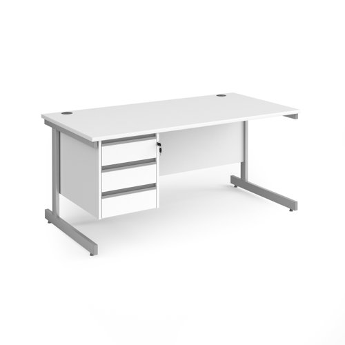 Contract 25 straight desk with 3 drawer pedestal and silver cantilever leg 1600mm x 800mm - white top