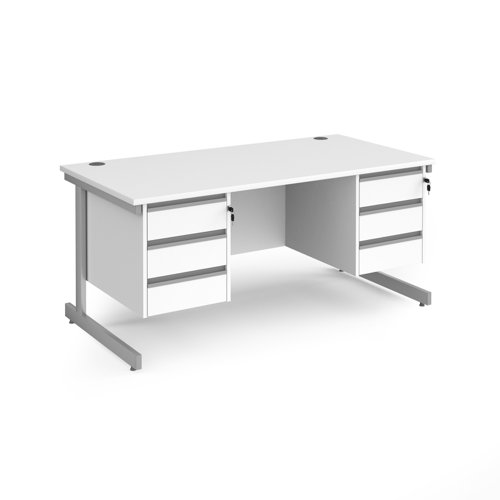 Contract 25 straight desk with 3 and 3 drawer pedestals and silver cantilever leg 1600mm x 800mm - white top