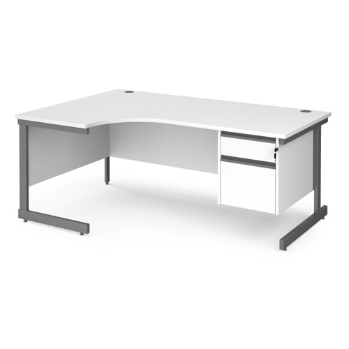 Contract 25 left hand ergonomic desk with 2 drawer pedestal and graphite cantilever leg 1800mm - white top Office Desks CC18EL2-G-WH