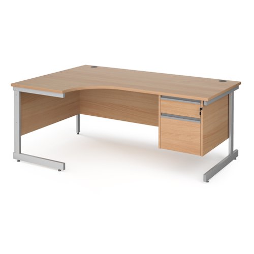 Contract 25 left hand ergonomic desk with 2 drawer pedestal and silver cantilever leg 1800mm - beech top Office Desks CC18EL2-S-B