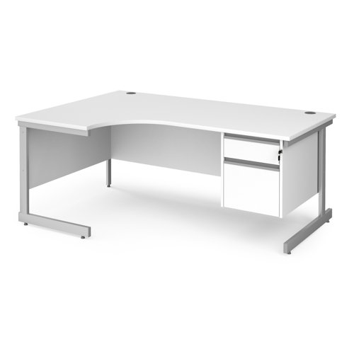 Contract 25 left hand ergonomic desk with 2 drawer pedestal and silver cantilever leg 1800mm - white top Office Desks CC18EL2-S-WH