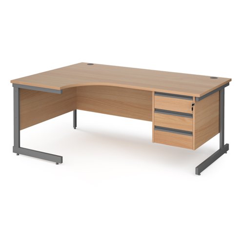CC18EL3-G-B Contract 25 left hand ergonomic desk with 3 drawer pedestal and graphite cantilever leg 1800mm - beech top
