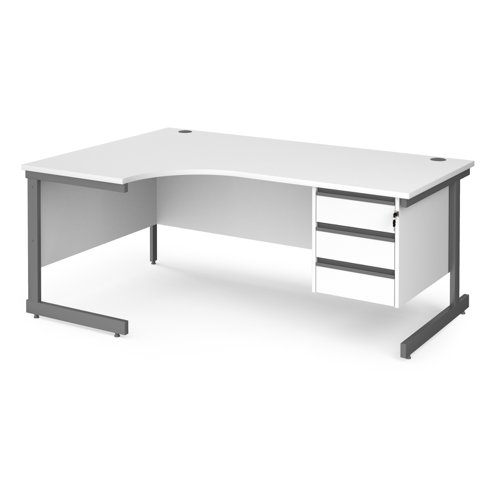 Contract 25 left hand ergonomic desk with 3 drawer pedestal and graphite cantilever leg 1800mm - white top Office Desks CC18EL3-G-WH