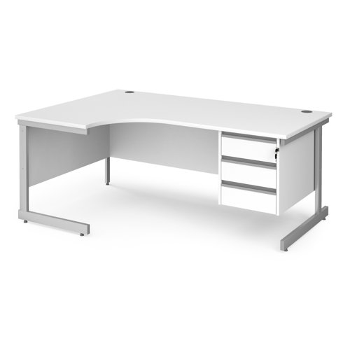 Contract 25 left hand ergonomic desk with 3 drawer pedestal and silver cantilever leg 1800mm - white top CC18EL3-S-WH Buy online at Office 5Star or contact us Tel 01594 810081 for assistance