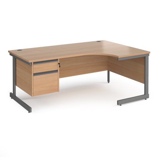 Contract 25 right hand ergonomic desk with 2 drawer pedestal and graphite cantilever leg 1800mm - beech top