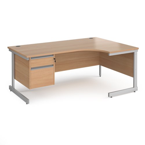 CC18ER2-S-B Contract 25 right hand ergonomic desk with 2 drawer pedestal and silver cantilever leg 1800mm - beech top