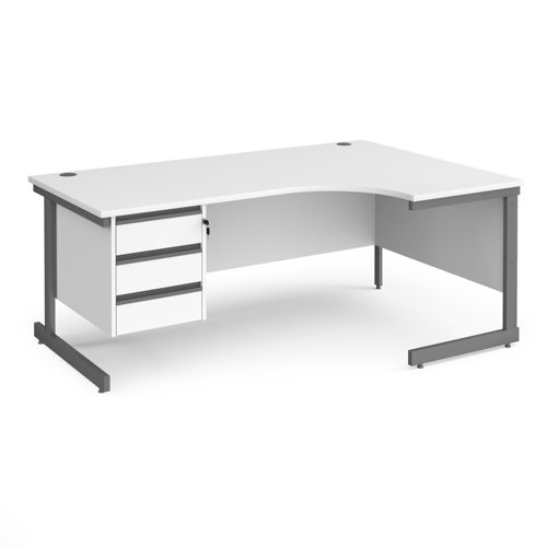 Contract 25 right hand ergonomic desk with 3 drawer pedestal and graphite cantilever leg 1800mm - white top