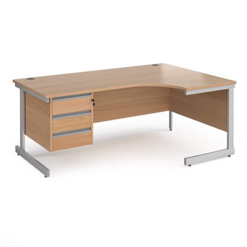 CC18ER3-S-B Contract 25 right hand ergonomic desk with 3 drawer pedestal and silver cantilever leg 1800mm - beech top