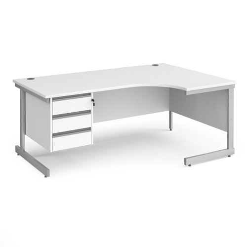 Contract 25 right hand ergonomic desk with 3 drawer pedestal and silver cantilever leg 1800mm - white top