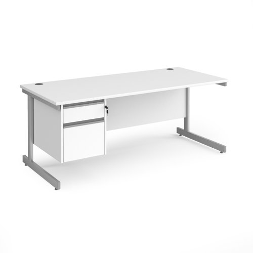 Contract 25 straight desk with 2 drawer pedestal and silver cantilever leg 1800mm x 800mm - white top