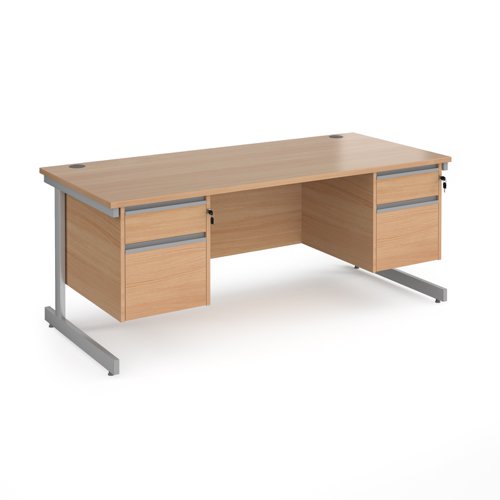 Contract 25 straight desk with 2 and 2 drawer pedestals and silver cantilever leg 1800mm x 800mm - beech top