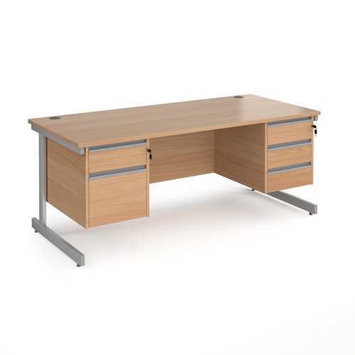 Contract 25 straight desk with 2 and 3 drawer pedestals and silver cantilever leg 1800mm x 800mm - beech top