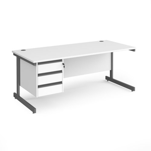 Contract 25 straight desk with 3 drawer pedestal and graphite cantilever leg 1800mm x 800mm - white top CC18S3-G-WH Buy online at Office 5Star or contact us Tel 01594 810081 for assistance