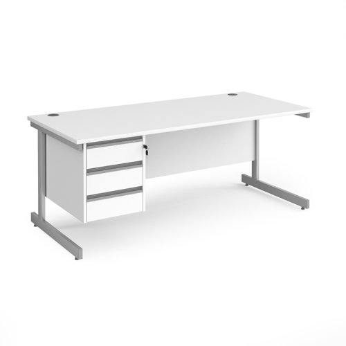Contract 25 straight desk with 3 drawer pedestal and silver cantilever leg 1800mm x 800mm - white top