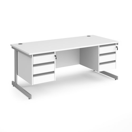 Contract 25 straight desk with 3 and 3 drawer pedestals and silver cantilever leg 1800mm x 800mm - white top CC18S33-S-WH Buy online at Office 5Star or contact us Tel 01594 810081 for assistance