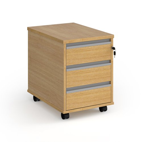 Contract 3 drawer mobile pedestal with silver finger pull handles - oak