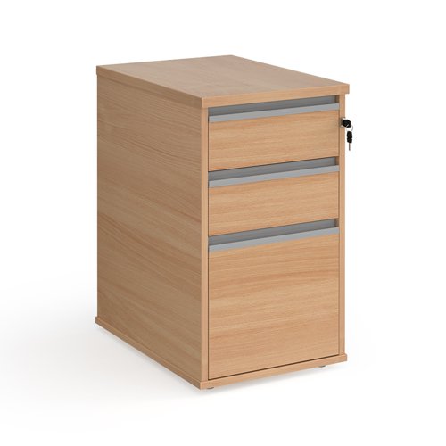 Contract 3 drawer desk high pedestal 600mm deep with silver finger pull handles - beech