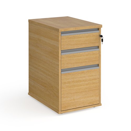 Contract 3 drawer desk high pedestal 600mm deep with silver finger pull handles - oak