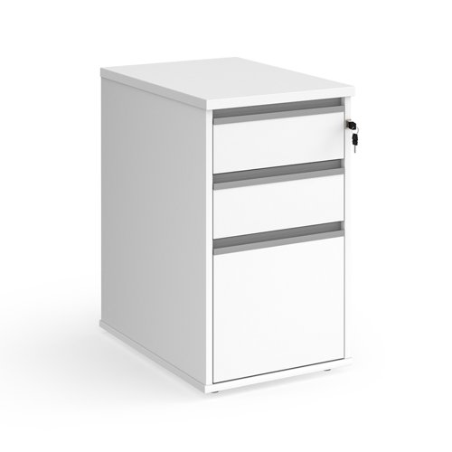 Contract 3 drawer desk high pedestal 600mm deep with silver finger pull handles - white