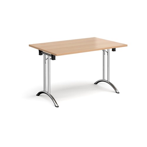 Rectangular folding leg table with chrome legs and curved foot rails 1200mm x 800mm - beech