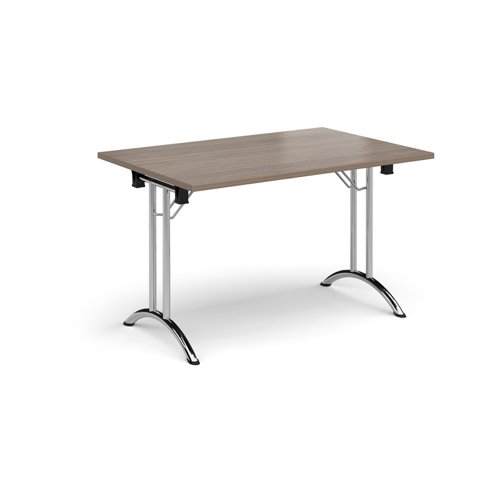 Rectangular folding leg table with chrome legs and curved foot rails 1200mm x 800mm - Barcelona Walnut