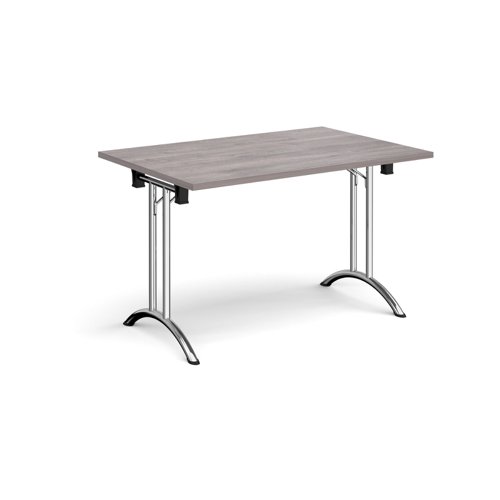 Rectangular folding leg table with chrome legs and curved foot rails 1200mm x 800mm - grey oak