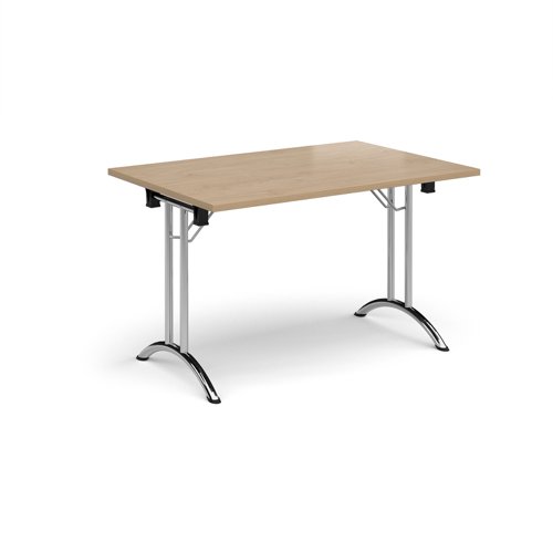 Rectangular folding leg table with chrome legs and curved foot rails 1200mm x 800mm - Kendal Oak