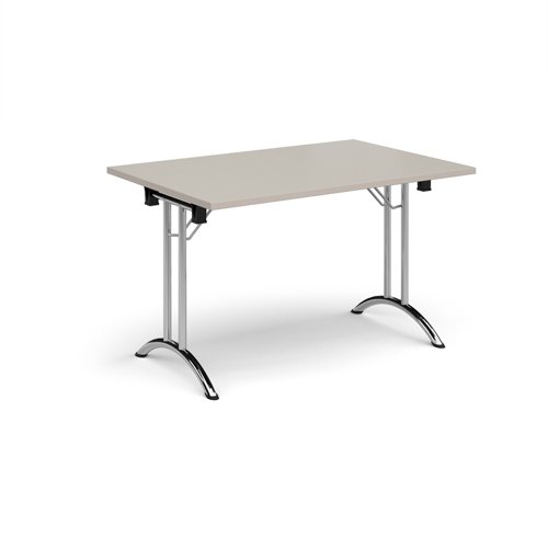 Rectangular folding leg table with chrome legs and curved foot rails 1200mm x 800mm - Light Grey