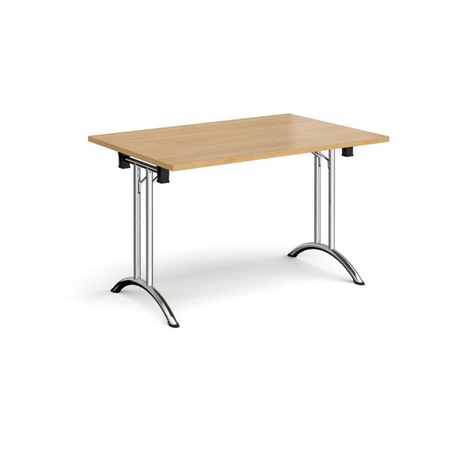 Rectangular folding leg table with chrome legs and curved foot rails 1200mm x 800mm - oak