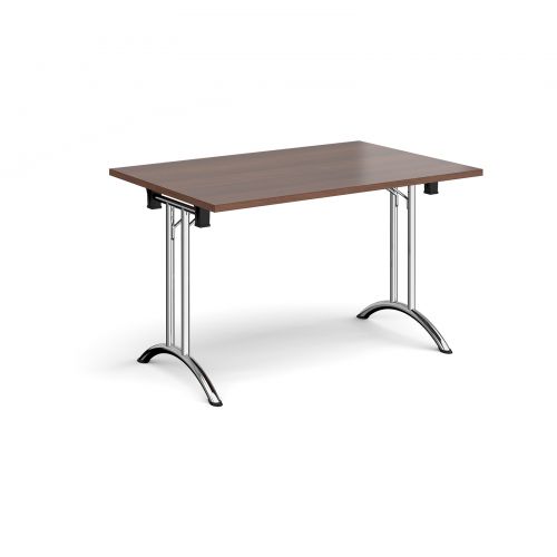 Rectangular folding leg table with chrome legs and curved foot rails 1200mm x 800mm - walnut