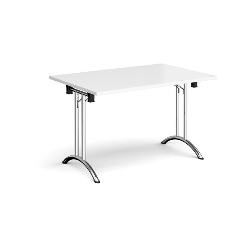 Rectangular folding leg table with chrome legs and curved foot rails 1200mm x 800mm - white