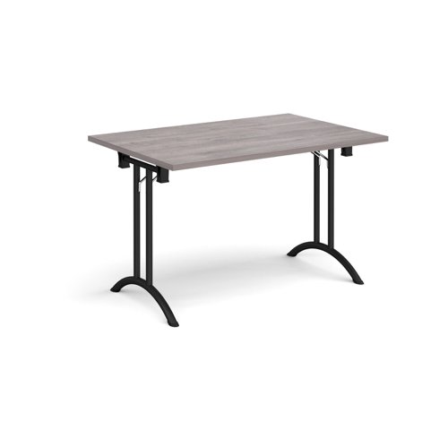 Rectangular folding leg table with black legs and curved foot rails 1200mm x 800mm - grey oak