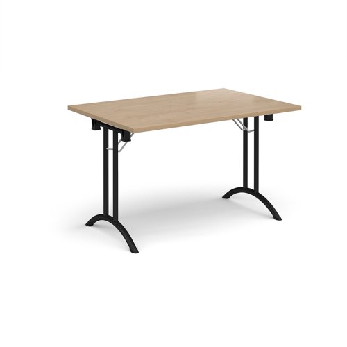 Rectangular folding leg table with black legs and curved foot rails 1200mm x 800mm - Kendal Oak