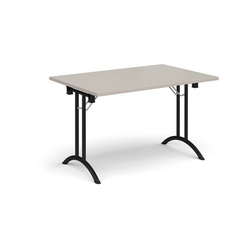 Rectangular folding leg table with black legs and curved foot rails 1200mm x 800mm - Light Grey