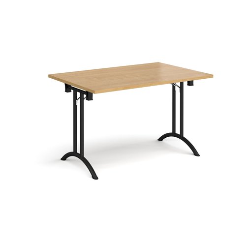 矩形折叠腿桌，带有黑色腿和弯曲的脚导轨1200mm x 800mm -oak