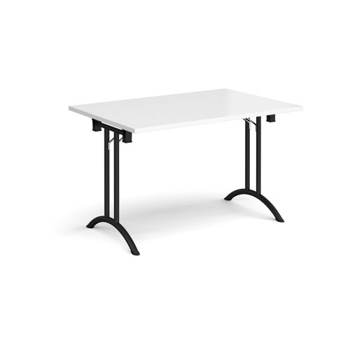 Rectangular folding leg table with black legs and curved foot rails 1200mm x 800mm - white