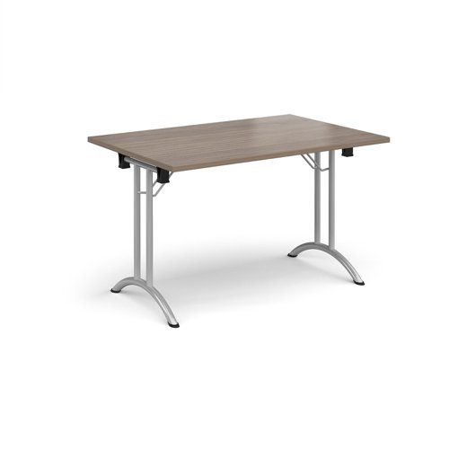 Rectangular folding leg table with silver legs and curved foot rails 1200mm x 800mm - Barcelona Walnut