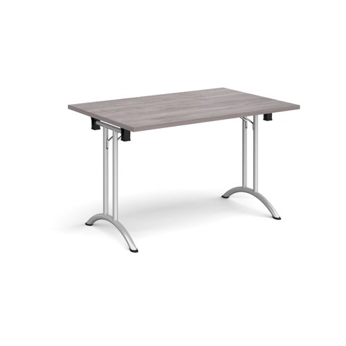 Rectangular folding leg table with silver legs and curved foot rails 1200mm x 800mm - grey oak