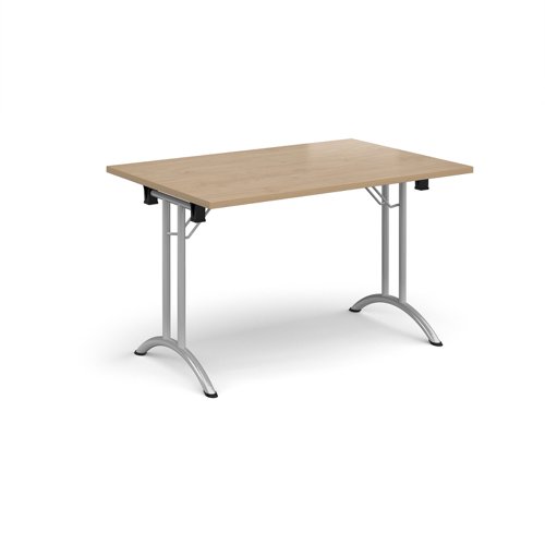 Rectangular folding leg table with silver legs and curved foot rails 1200mm x 800mm - Kendal Oak