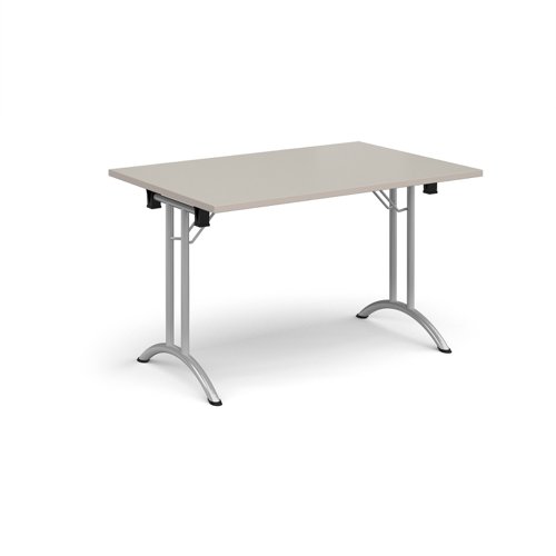 Rectangular folding leg table with silver legs and curved foot rails 1200mm x 800mm - Light Grey