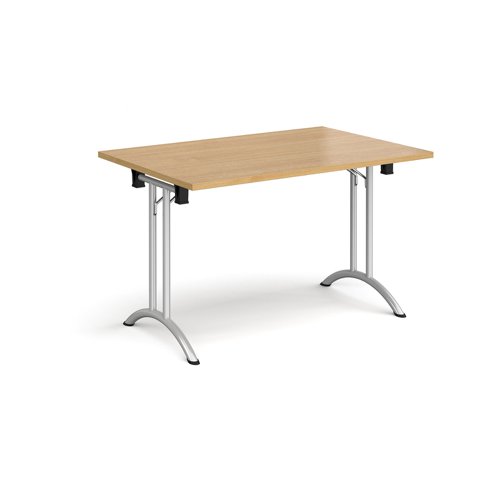 Rectangular folding leg table with silver legs and curved foot rails 1200mm x 800mm - oak